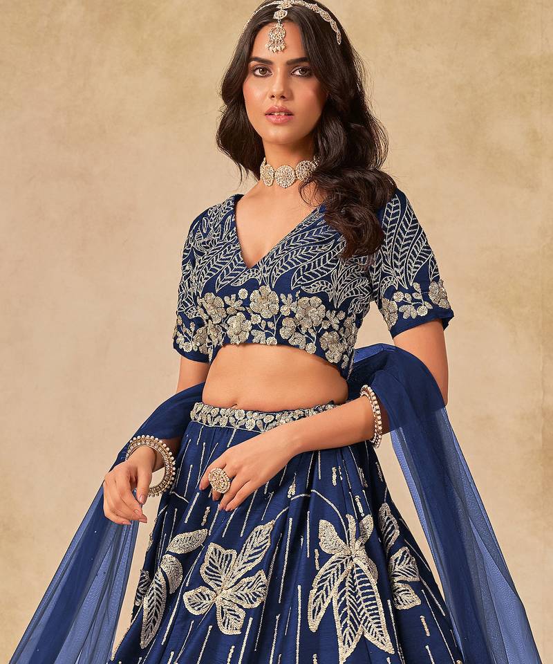 Royal Blue Art Silk Sequins Work Semi Stitched Lehenga Choli Size Up To 42