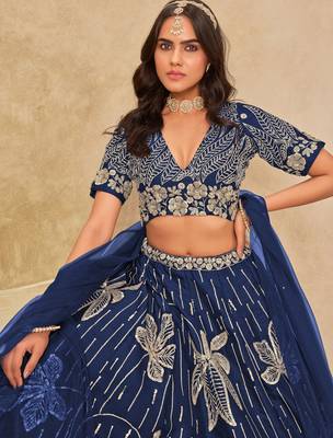 Royal Blue Art Silk Sequins Work Semi Stitched Lehenga Choli Size Up To 42 2