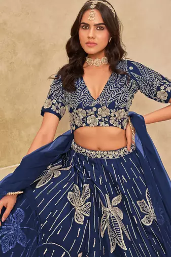 Royal Blue Art Silk Sequins Work Semi Stitched Lehenga Choli Size Up To 42