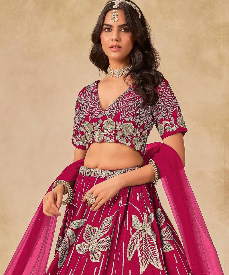 Pink Art Silk Sequins Work Semi Stitched Lehenga Choli Size Up To 42