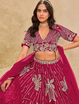 Pink Art Silk Sequins Work Semi Stitched Lehenga Choli Size Up To 42 2