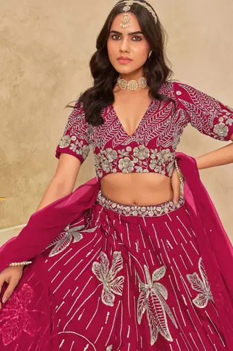 Pink Art Silk Sequins Work Semi Stitched Lehenga Choli Size Up To 42