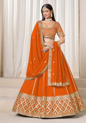 Orange Art Silk Sequins Work Semi Stitched Lehenga Choli Size Up To 42 1