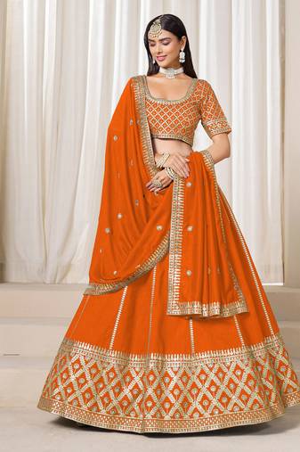 Orange Art Silk Sequins Work Semi Stitched Lehenga Choli Size Up To 42