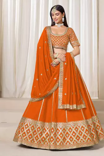 Orange Art Silk Sequins Work Semi Stitched Lehenga Choli Size Up To 42