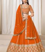 Orange Art Silk Sequins Work Semi Stitched Lehenga Choli Size Up To 42