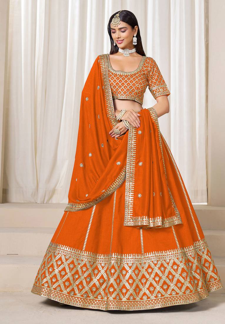 Orange Art Silk Sequins Work Semi Stitched Lehenga Choli Size Up To 42