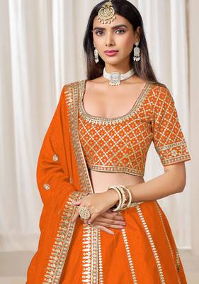Orange Art Silk Sequins Work Semi Stitched Lehenga Choli Size Up To 42 2