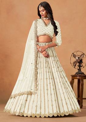 White  Art Silk Sequins Work Semi Stitched Lehenga Choli Size Up To 42 1
