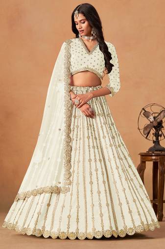 White  Art Silk Sequins Work Semi Stitched Lehenga Choli Size Up To 42
