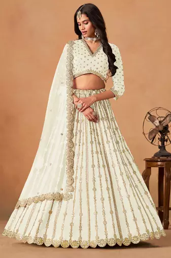 White  Art Silk Sequins Work Semi Stitched Lehenga Choli Size Up To 42