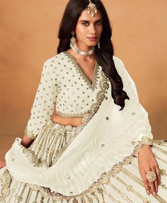 White  Art Silk Sequins Work Semi Stitched Lehenga Choli Size Up To 42 2