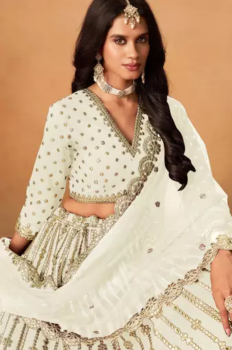 White  Art Silk Sequins Work Semi Stitched Lehenga Choli Size Up To 42