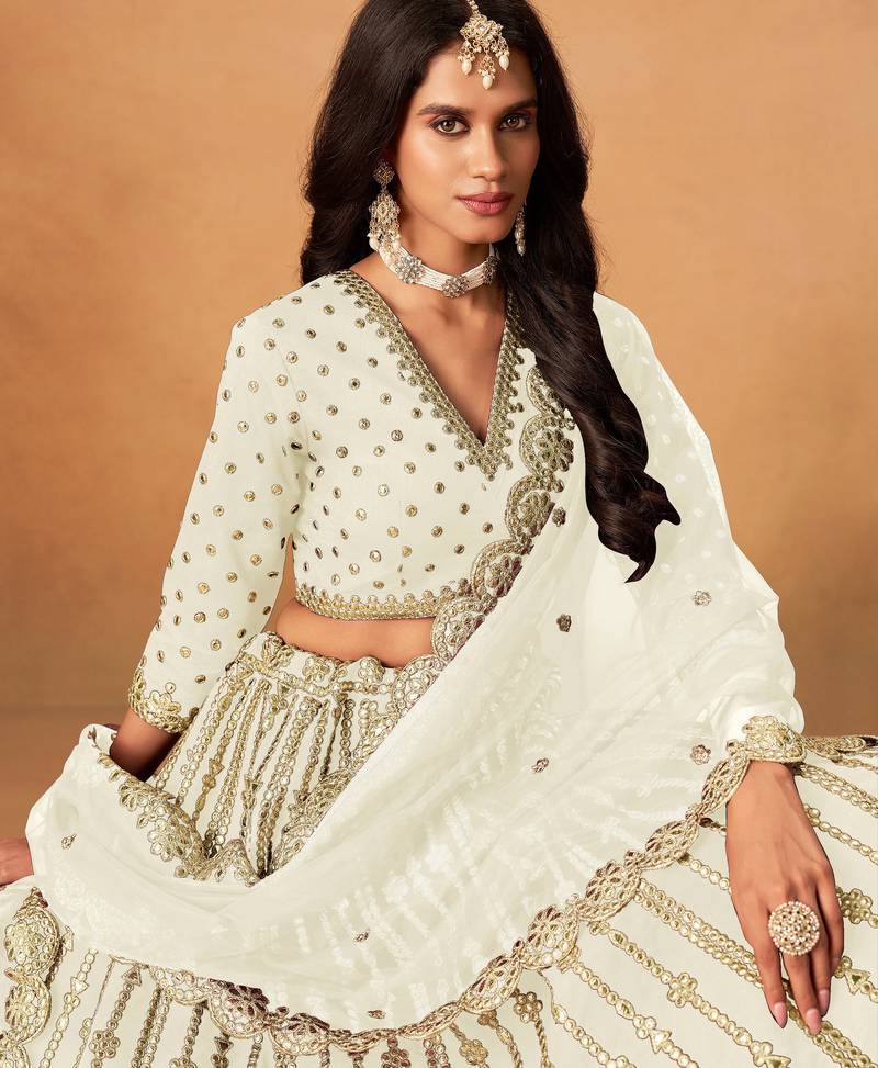 White  Art Silk Sequins Work Semi Stitched Lehenga Choli Size Up To 42