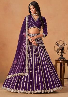 Purple Art Silk Sequins Work Semi Stitched Lehenga Choli Size Up To 42 1