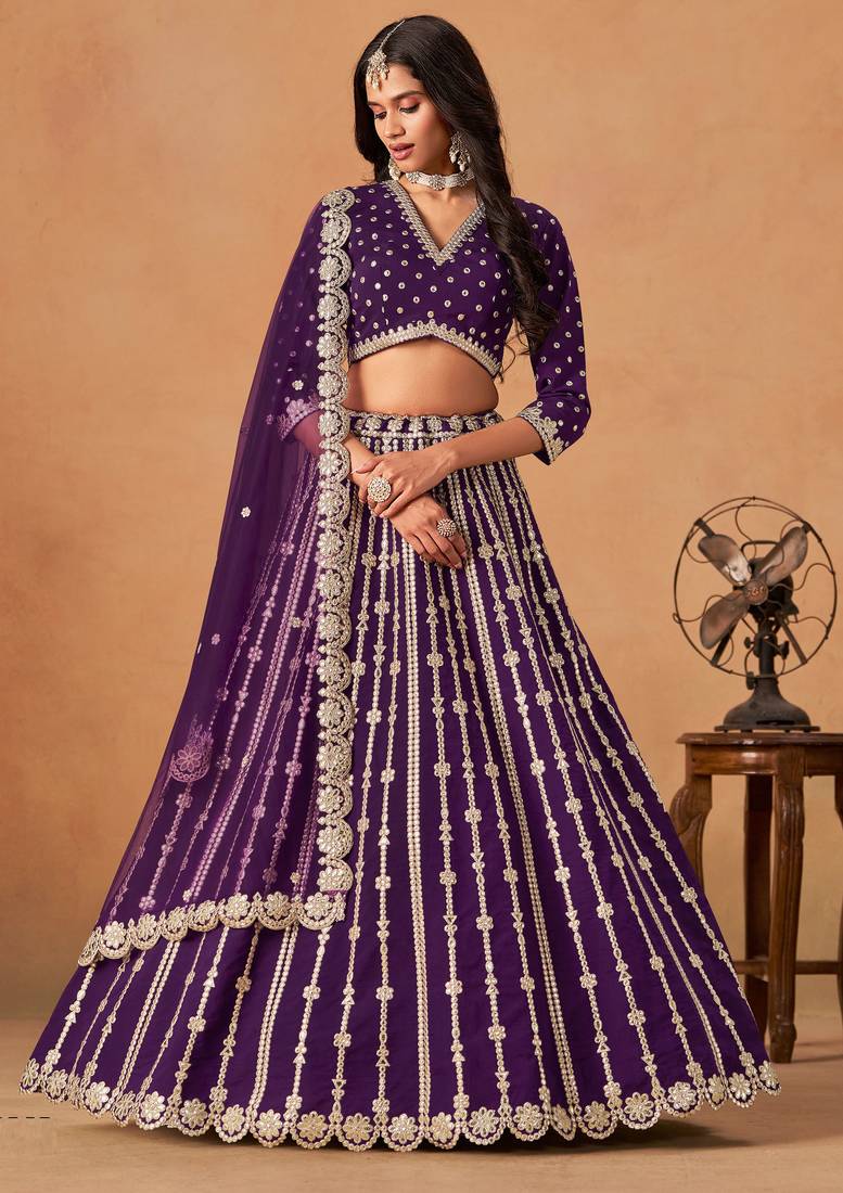 Purple Art Silk Sequins Work Semi Stitched Lehenga Choli Size Up To 42