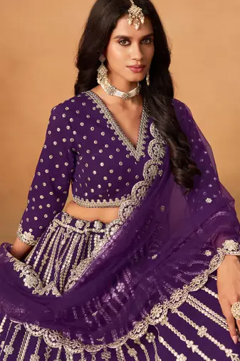 Purple Art Silk Sequins Work Semi Stitched Lehenga Choli Size Up To 42