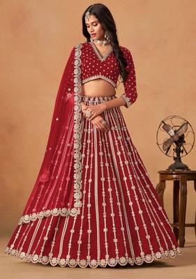 Red Art Silk Sequins Work Semi Stitched Lehenga Choli Size Up To 42 1
