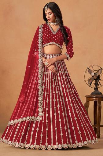 Red Art Silk Sequins Work Semi Stitched Lehenga Choli Size Up To 42