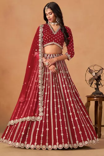 Red Art Silk Sequins Work Semi Stitched Lehenga Choli Size Up To 42