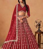 Red Art Silk Sequins Work Semi Stitched Lehenga Choli Size Up To 42