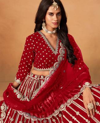 Red Art Silk Sequins Work Semi Stitched Lehenga Choli Size Up To 42 2