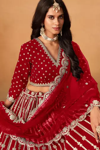 Red Art Silk Sequins Work Semi Stitched Lehenga Choli Size Up To 42