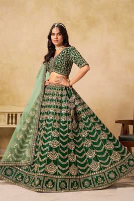 Green Art Silk Zari Work Semi Stitched Lehenga Choli Size Up To 42 1