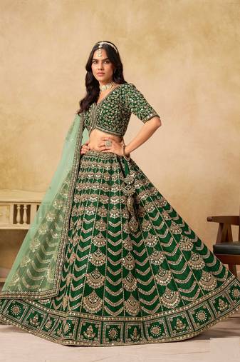 Green Art Silk Zari Work Semi Stitched Lehenga Choli Size Up To 42