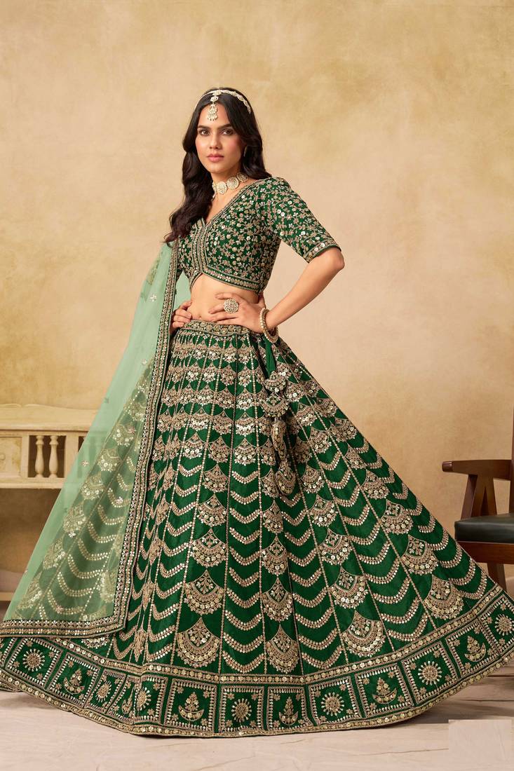 Green Art Silk Zari Work Semi Stitched Lehenga Choli Size Up To 42