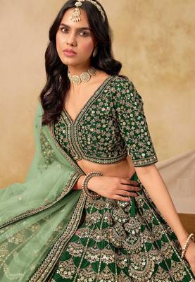 Green Art Silk Zari Work Semi Stitched Lehenga Choli Size Up To 42 2