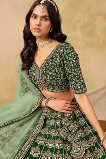 Green Art Silk Zari Work Semi Stitched Lehenga Choli Size Up To 42