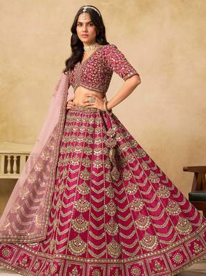 Pink Art Silk Zari Work Semi Stitched Lehenga Choli Size Up To 42 1