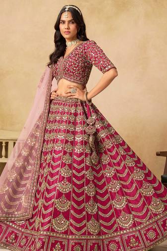 Pink Art Silk Zari Work Semi Stitched Lehenga Choli Size Up To 42