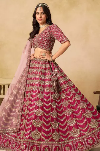 Pink Art Silk Zari Work Semi Stitched Lehenga Choli Size Up To 42