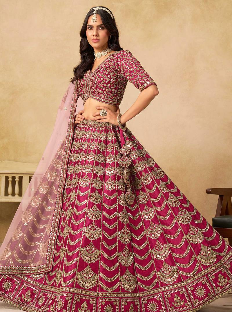 Pink Art Silk Zari Work Semi Stitched Lehenga Choli Size Up To 42