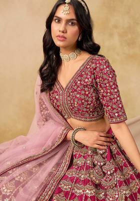 Pink Art Silk Zari Work Semi Stitched Lehenga Choli Size Up To 42 2