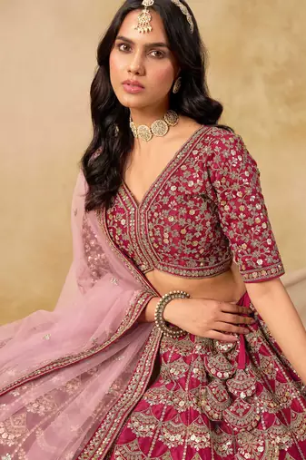 Pink Art Silk Zari Work Semi Stitched Lehenga Choli Size Up To 42