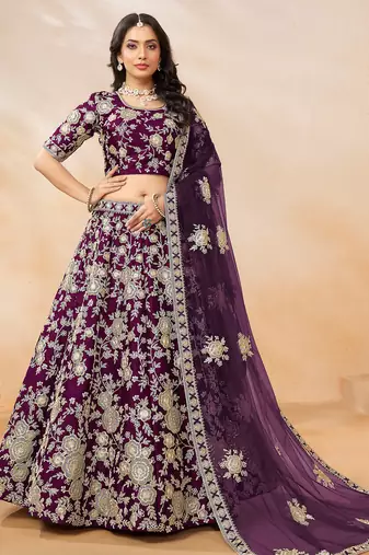 Purple Art Silk Hand Embroidery Semi Stitched Lehenga Choli Size Up To 42