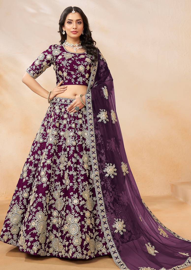 Purple Art Silk Hand Embroidery Semi Stitched Lehenga Choli Size Up To 42