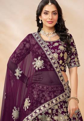 Purple Art Silk Hand Embroidery Semi Stitched Lehenga Choli Size Up To 42 2