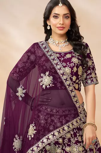 Purple Art Silk Hand Embroidery Semi Stitched Lehenga Choli Size Up To 42