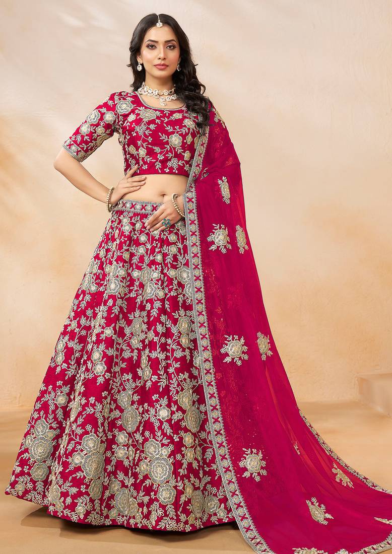 Pink  Art Silk Hand Embroidery Semi Stitched Lehenga Choli Size Up To 42