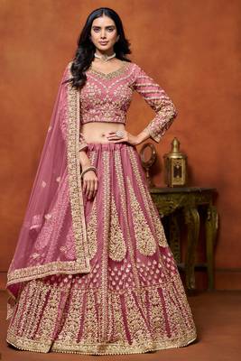 Magenta Net Hand Embroidery Semi Stitched Lehenga Choli Size Up To 42 1