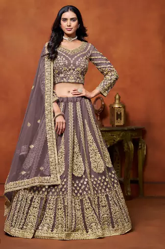 Lavender Net Hand Embroidery Semi Stitched Lehenga Choli Size Up To 42