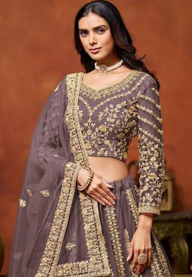 Lavender Net Hand Embroidery Semi Stitched Lehenga Choli Size Up To 42 2