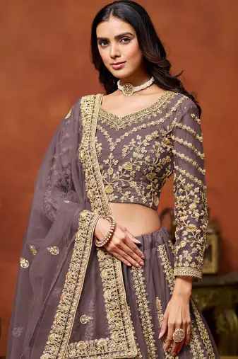 Lavender Net Hand Embroidery Semi Stitched Lehenga Choli Size Up To 42