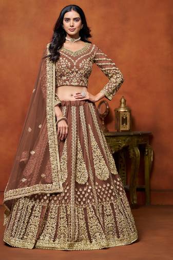 Coffee Net Hand Embroidery Semi Stitched Lehenga Choli Size Up To 42