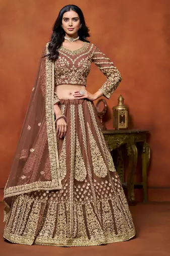 Coffee Net Hand Embroidery Semi Stitched Lehenga Choli Size Up To 42