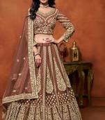 Coffee Net Hand Embroidery Semi Stitched Lehenga Choli Size Up To 42